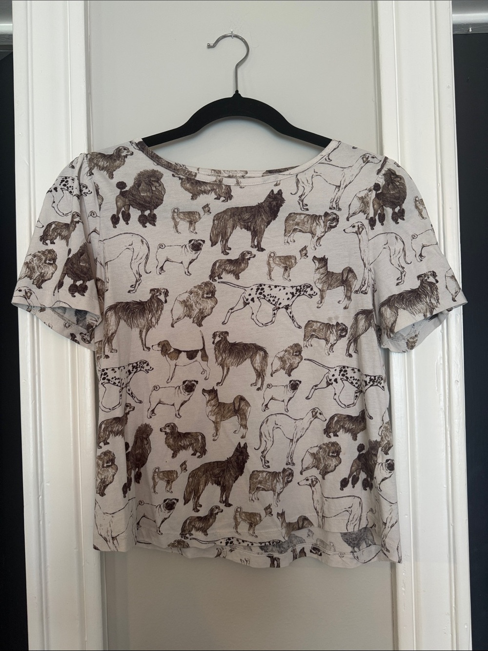 Anthropologie Cream & Brown Dog Print Short Sleeve Top